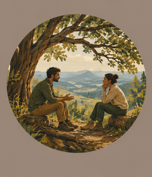 Illustration of two people talking on a mountain trail beneath a tree, peaks in the distance
