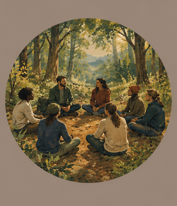 Illustration of a group sitting in a circle in a sunlit forest clearing